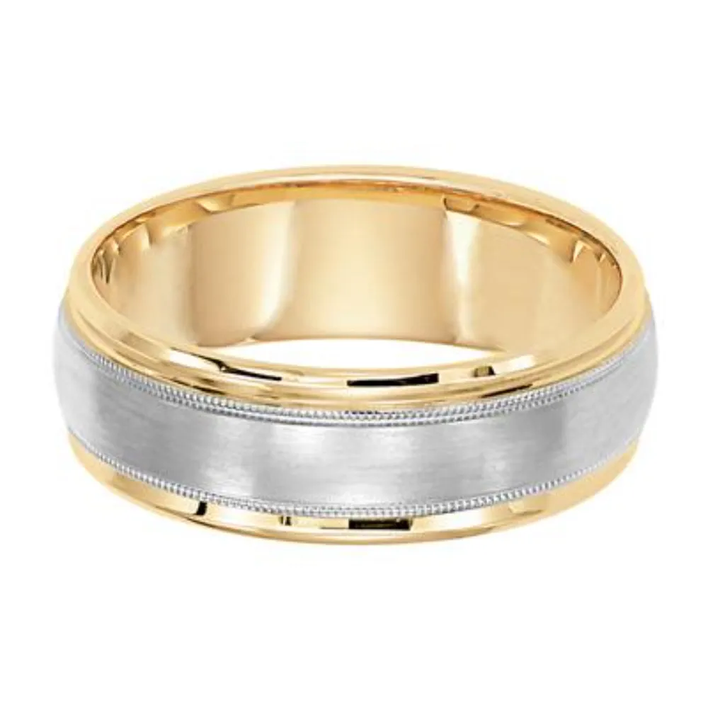 14k Two-Tone Dome Round Edge Carved Milgrain Men's Wedding Band