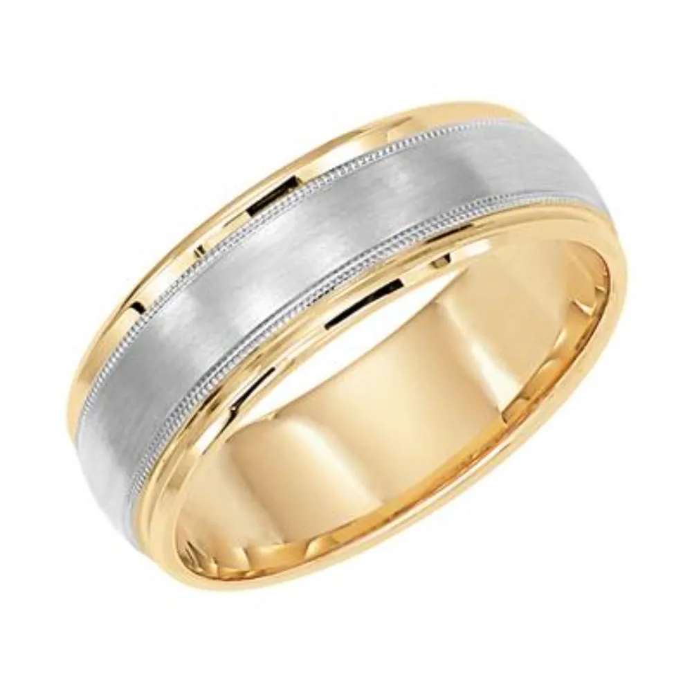 14k Two-Tone Dome Round Edge Carved Milgrain Men's Wedding Band