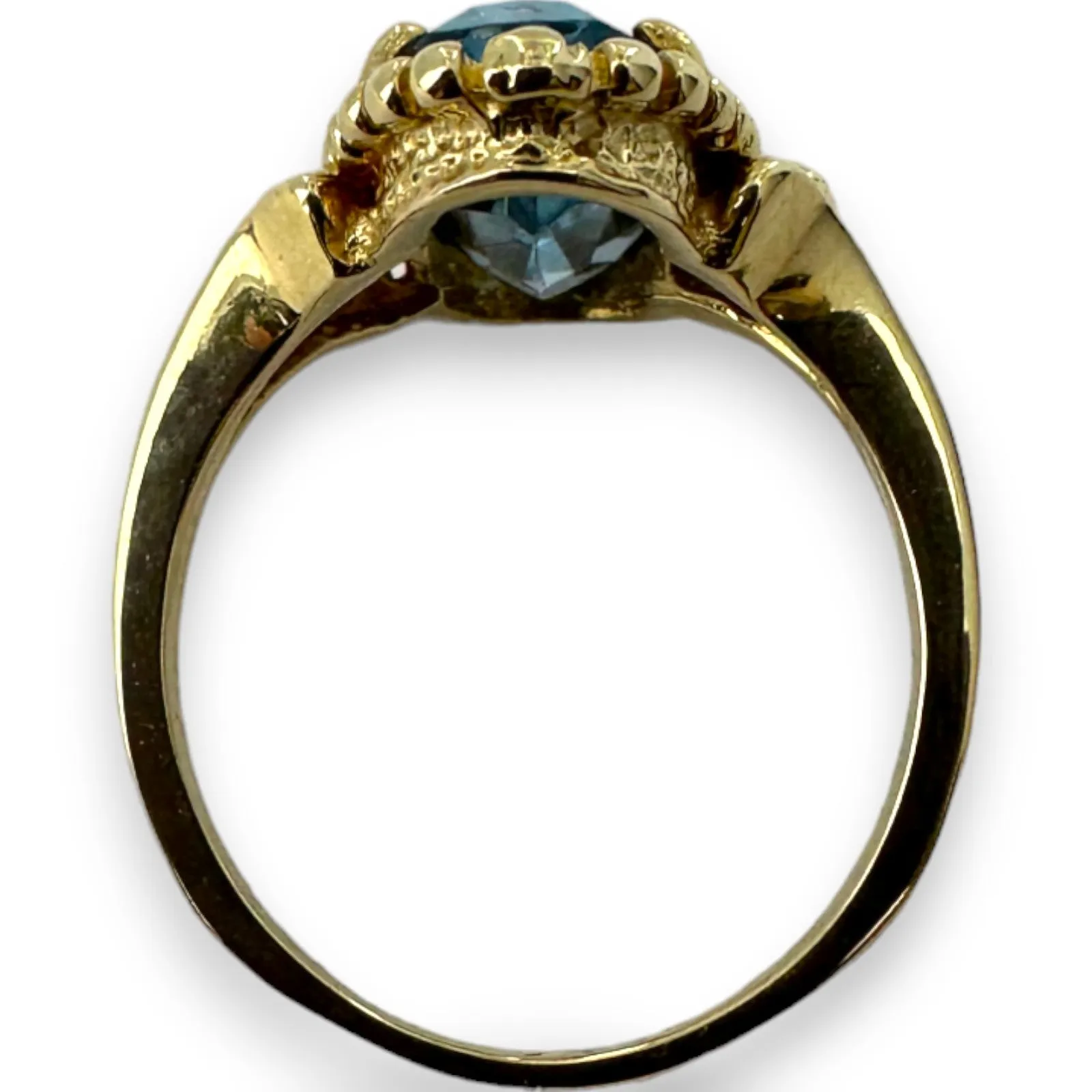 1970-80s Victorian Revival Era Solid 14kt Yellow Gold and Lab Created Blue Spinel Long Oval Solitaire Ring