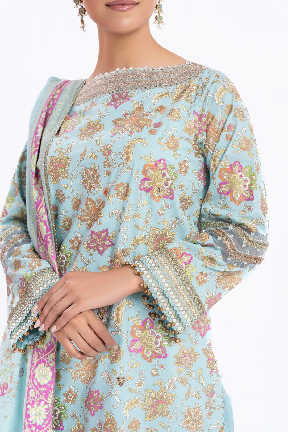 2 Pc Printed Embroidered Thin Cambric Shirt With Printed Thin Cotton Silk Dupatta