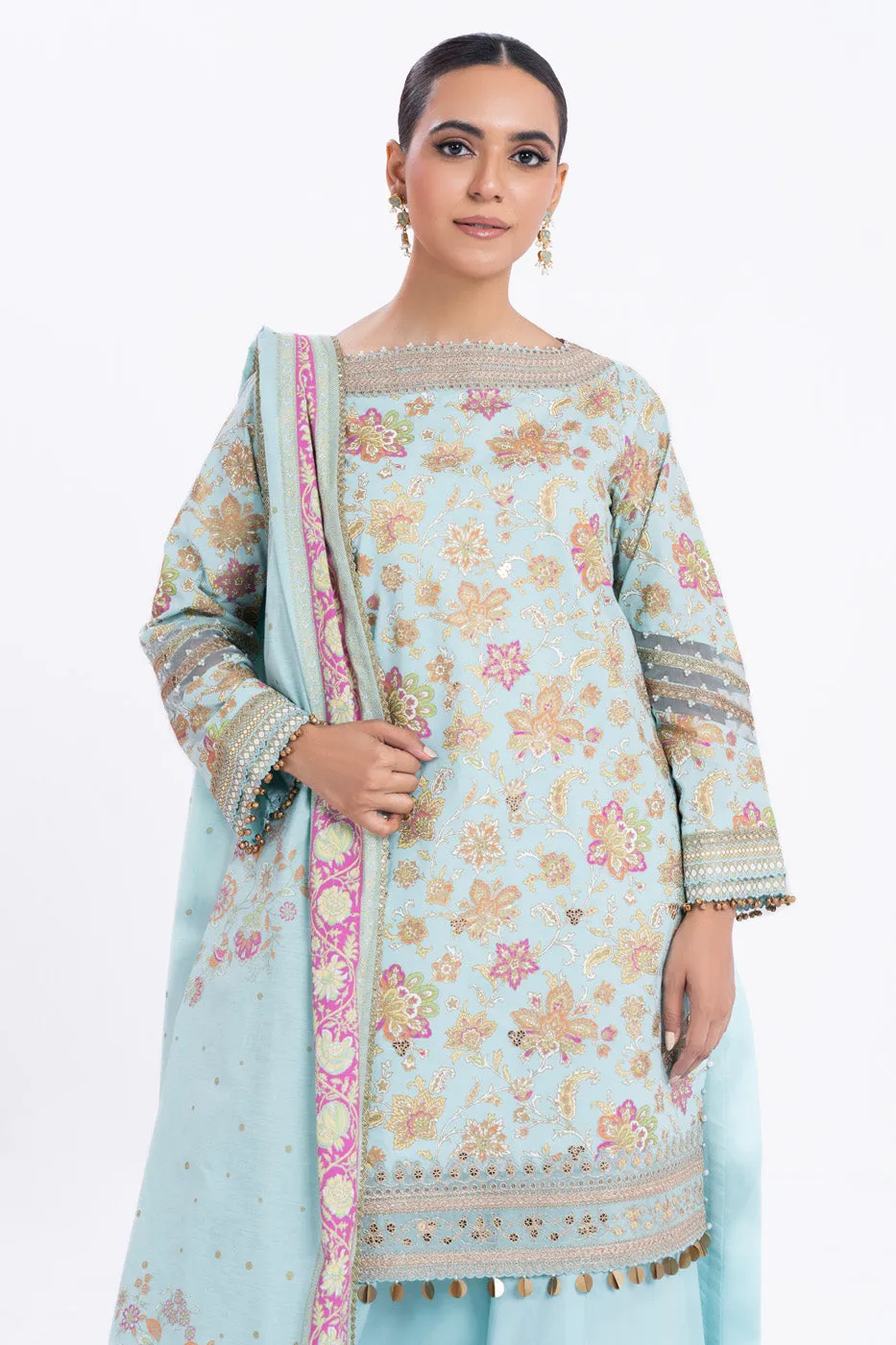 2 Pc Printed Embroidered Thin Cambric Shirt With Printed Thin Cotton Silk Dupatta