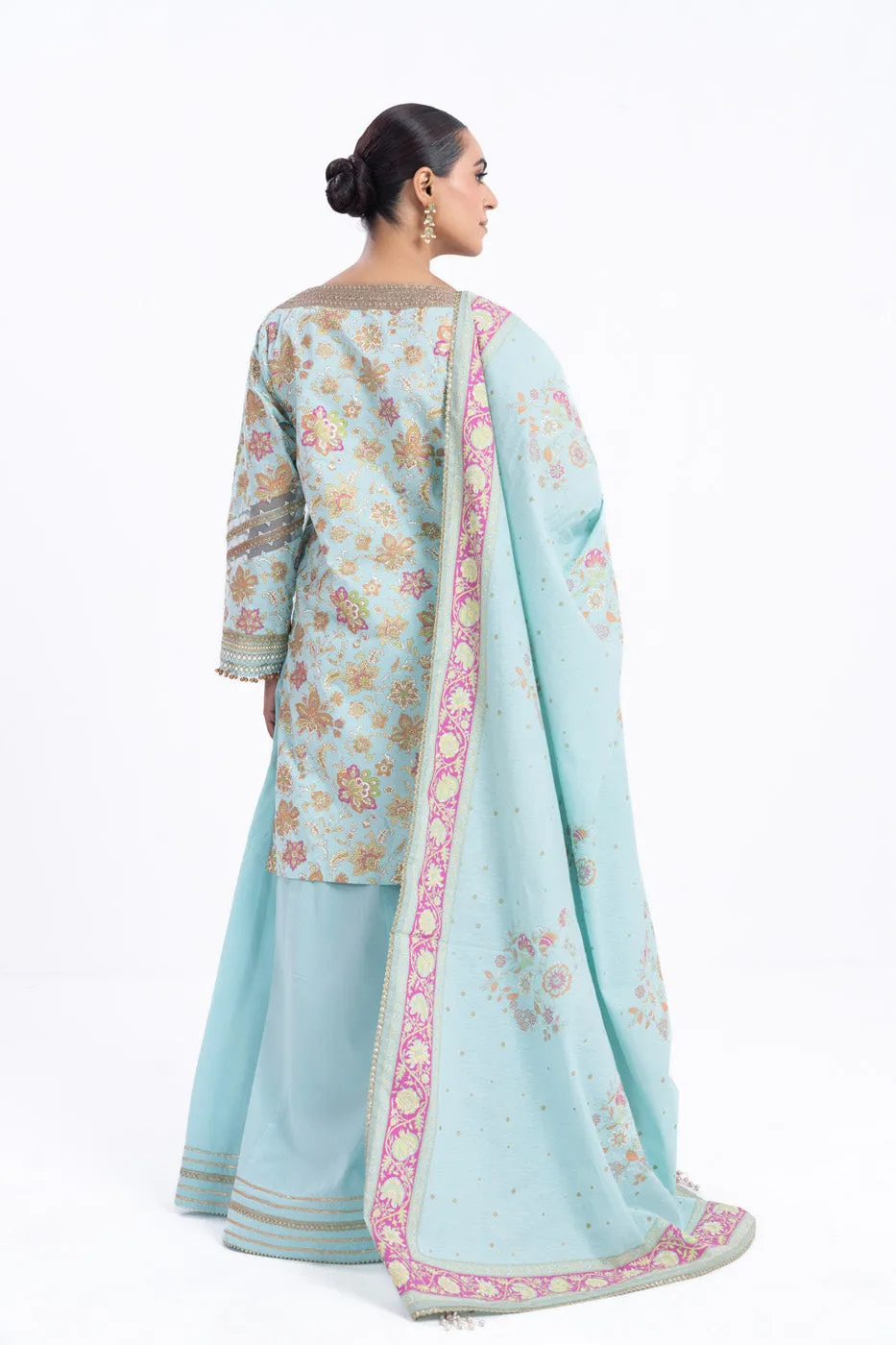 2 Pc Printed Embroidered Thin Cambric Shirt With Printed Thin Cotton Silk Dupatta