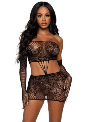 2 Pc. Strappy Lace Tube Dress and Gloves - One  Gloves - One Size - Black