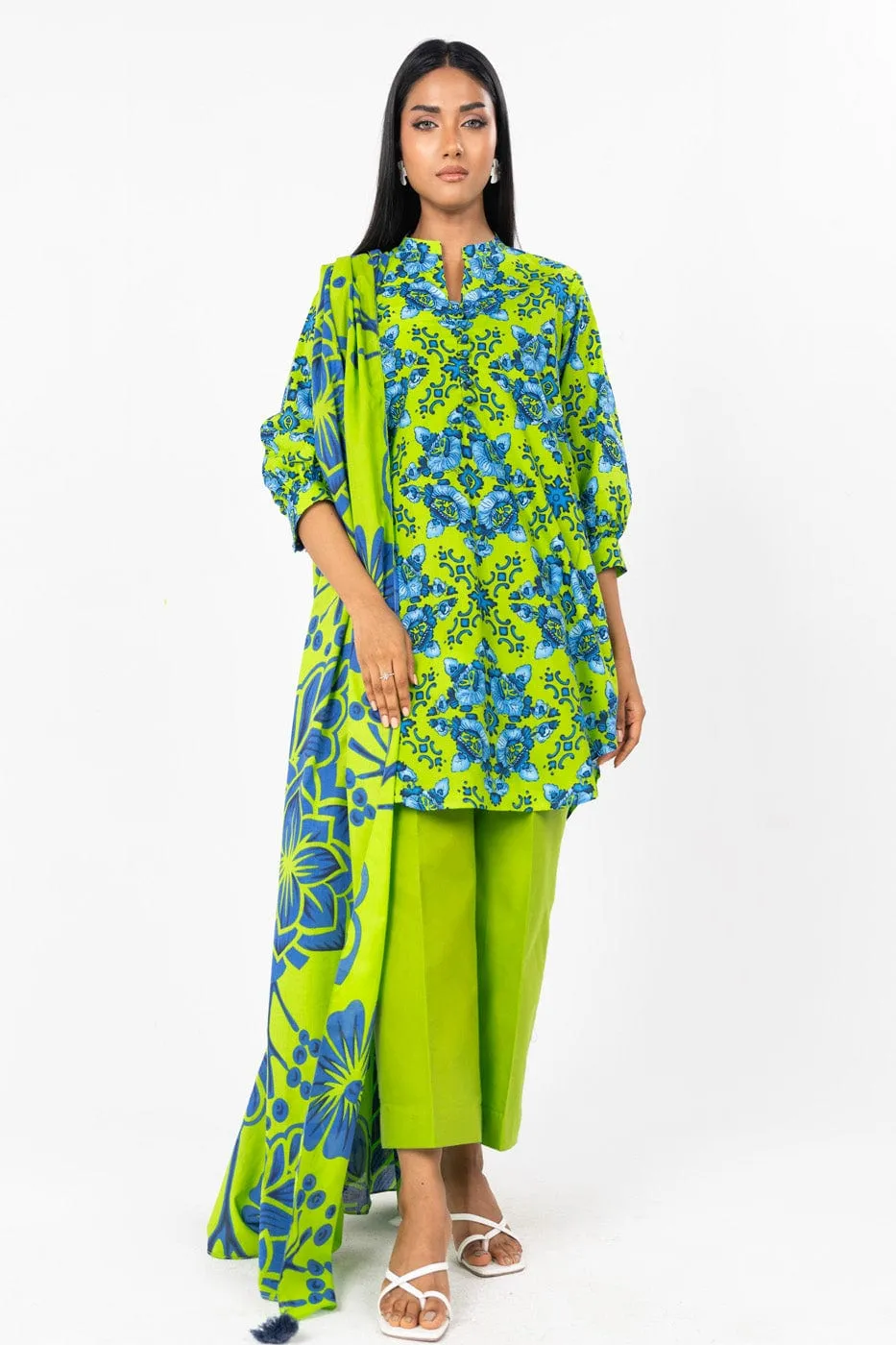 3 Pc Printed Lawn Suit With Printed Silver Lawn dupatta