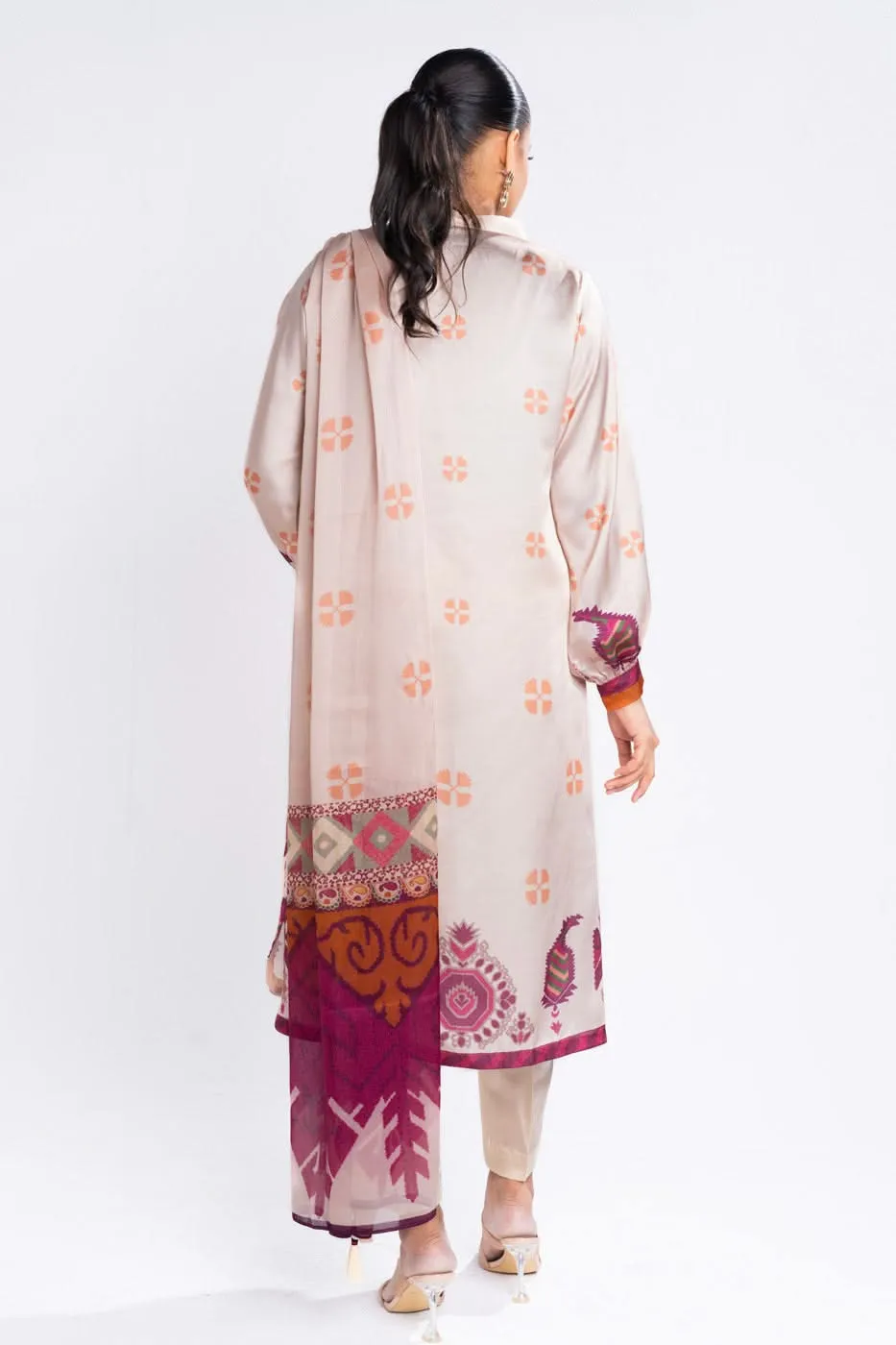 3 Piece Printed Chamois Silk Suit With Printed Tissue Silk Dupatta