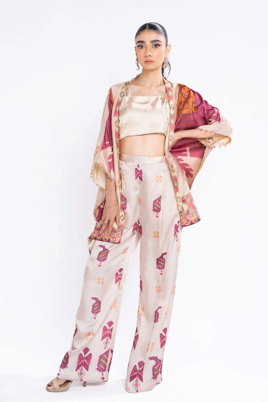 3 Piece Printed Chamois Silk Suit With Printed Tissue Silk Dupatta