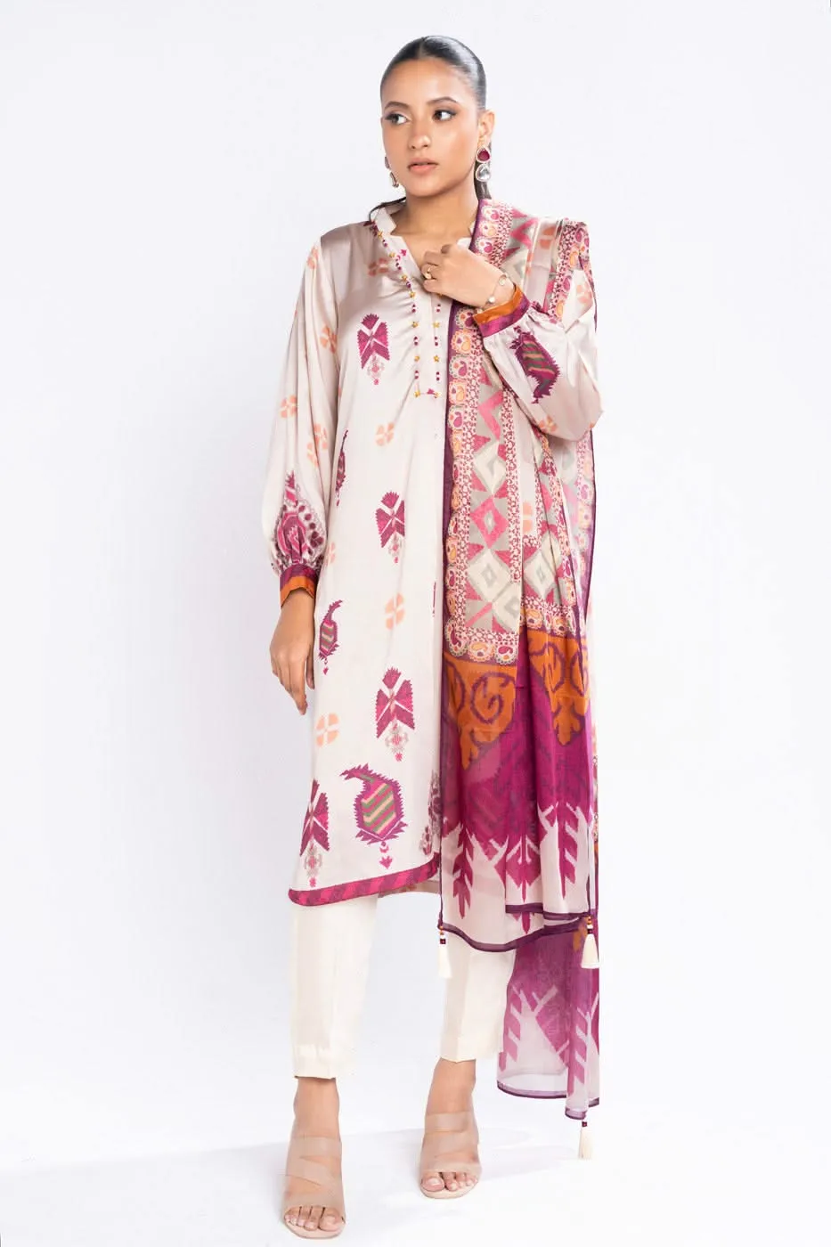 3 Piece Printed Chamois Silk Suit With Printed Tissue Silk Dupatta