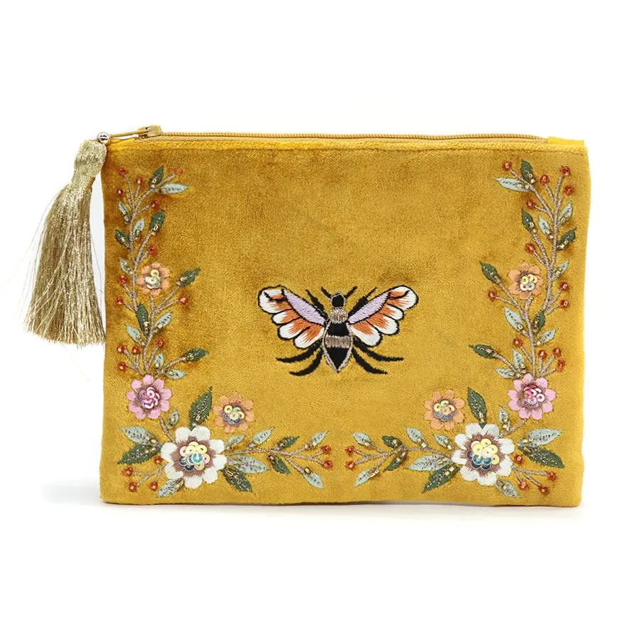 81560 Mustard Embroidered Bee Velvet Purse By Pom