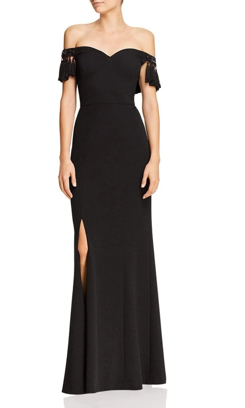 Aidan Mattox - Off-Shoulder Tassel Sleeves Evening Gown MD1E203104 - 1 pc Black In Size 14 Available