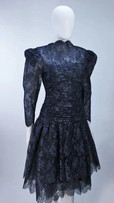 ARNOLD SCAASI Navy Metallic Lace Cocktail Dress Size 8-10