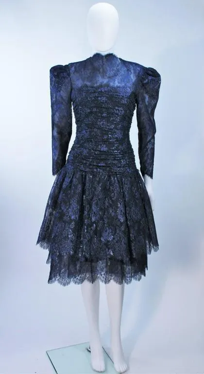 ARNOLD SCAASI Navy Metallic Lace Cocktail Dress Size 8-10