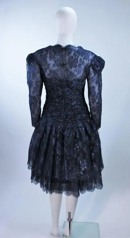 ARNOLD SCAASI Navy Metallic Lace Cocktail Dress Size 8-10