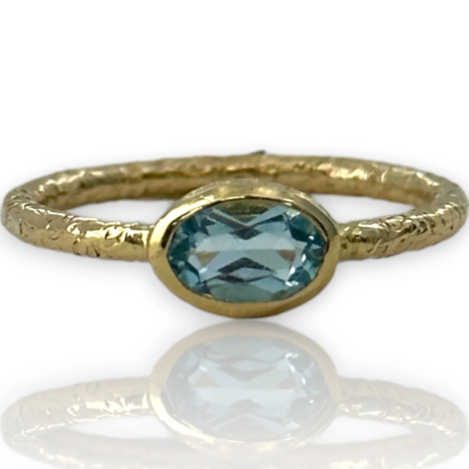 Atasay Solid 14kt Yellow Hammered Gold Ring with Horizontal Bezel Set Oval Aquamarine Solitaire Size 5 Made in Turkey