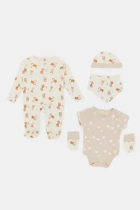 Babies Beige And Taupe Printed Gift Set (5 Piece)