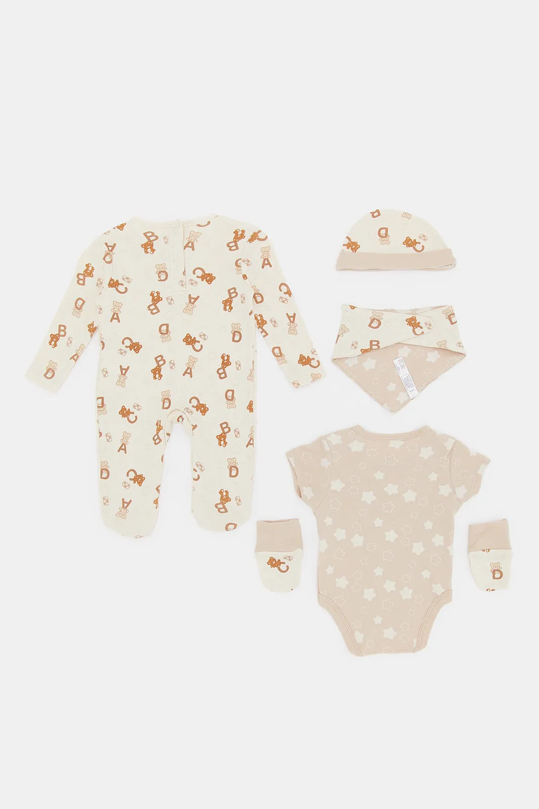 Babies Beige And Taupe Printed Gift Set (5 Piece)