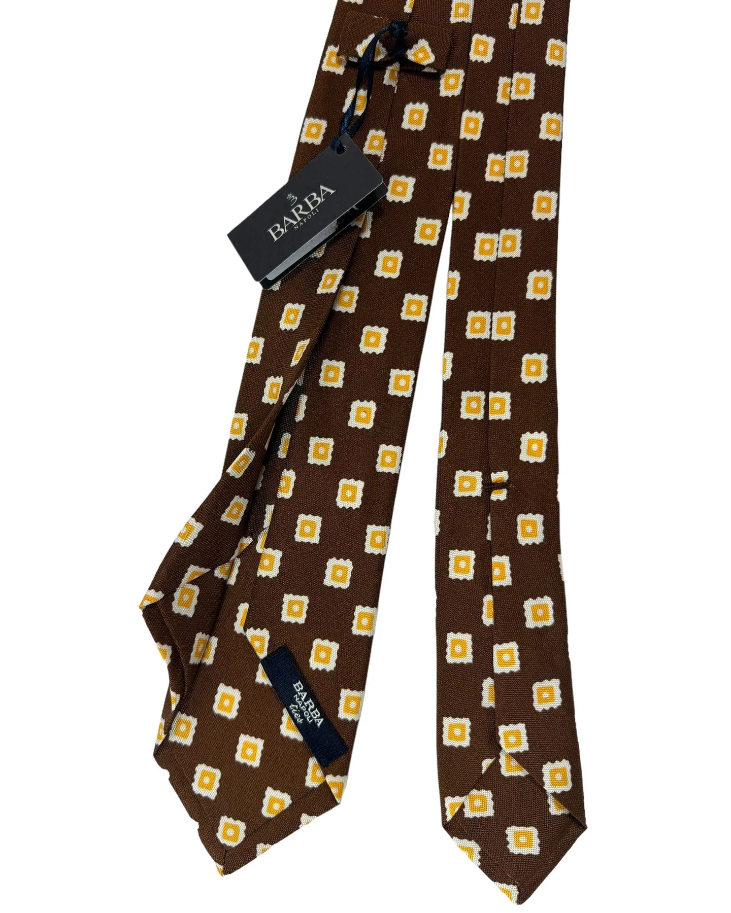 Barba Sevenfold Tie Brown Orange White Geometric Design - Sartorial Neckwear