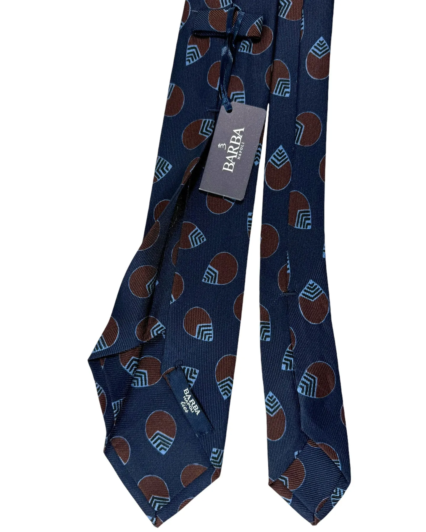 Barba Sevenfold Tie Dark Navy Brown Geometric Design - Sartorial Neckwear