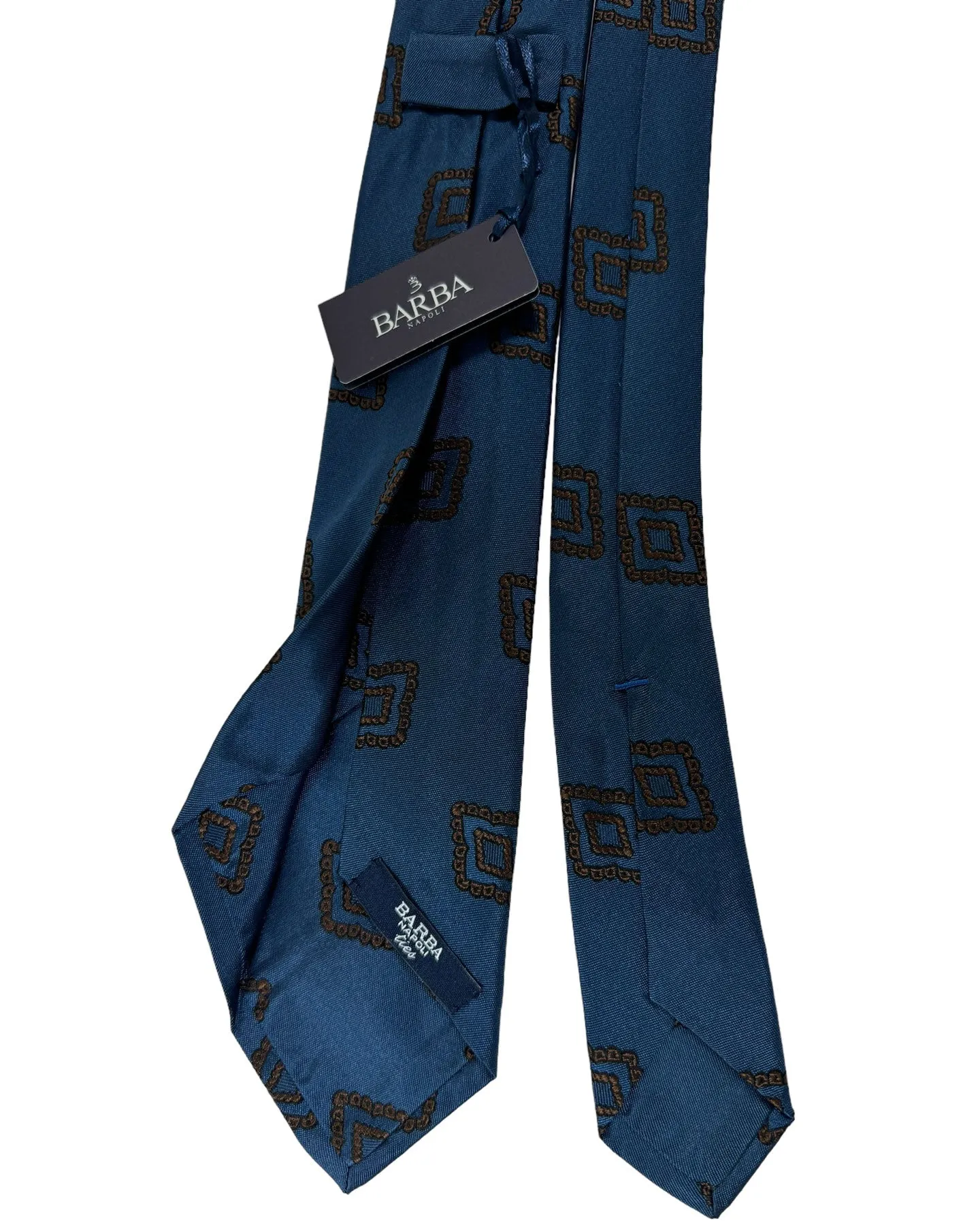 Barba Sevenfold Tie Midnight Blue Brown Geometric Design - Sartorial Neckwear