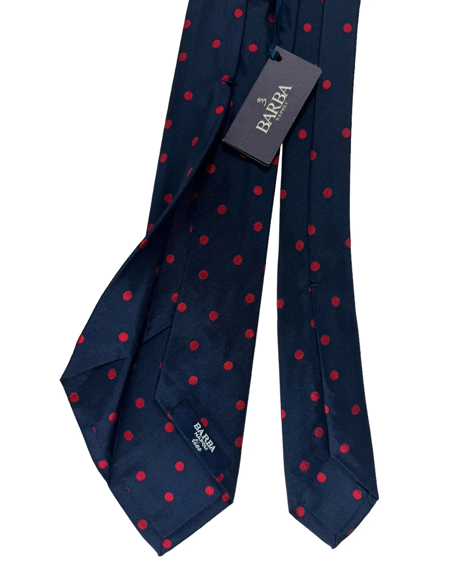 Barba Sevenfold Tie Midnight Blue Dark Red Dots Design - Sartorial Neckwear