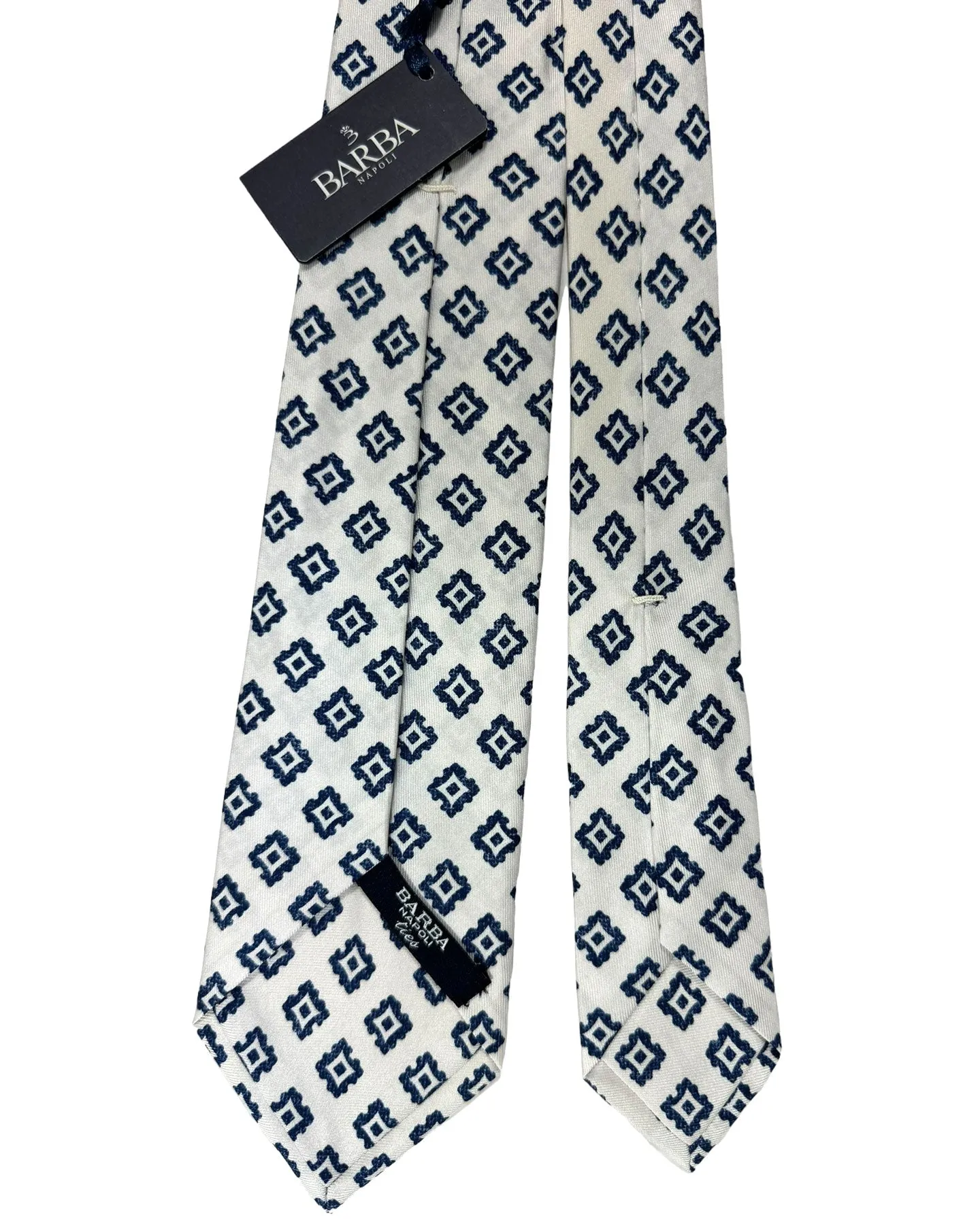 Barba Sevenfold Tie White Navy Medallions Design - Sartorial Neckwear