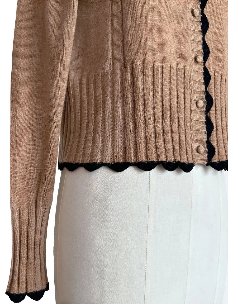 Beige Contrast Scallop Trim Cashmere & Wool Cropped Cardigan