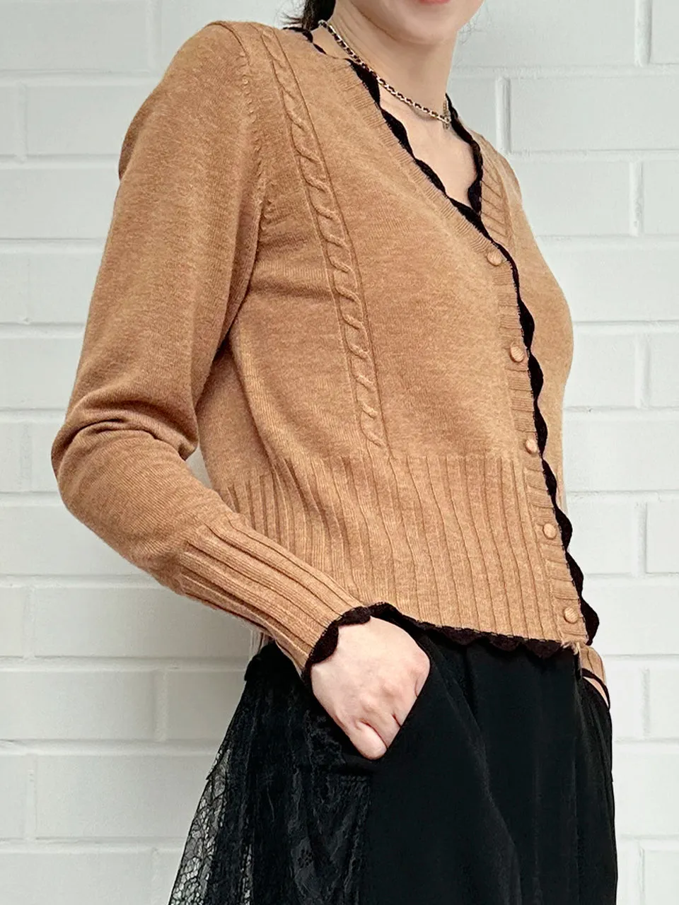 Beige Contrast Scallop Trim Cashmere & Wool Cropped Cardigan