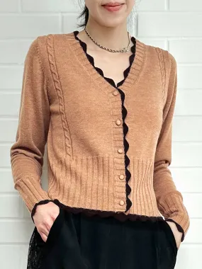 Beige Contrast Scallop Trim Cashmere & Wool Cropped Cardigan