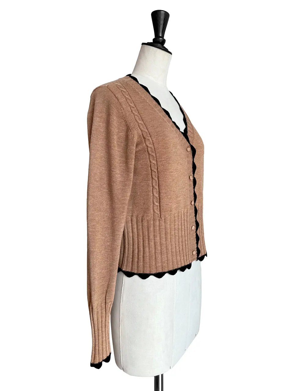 Beige Contrast Scallop Trim Cashmere & Wool Cropped Cardigan