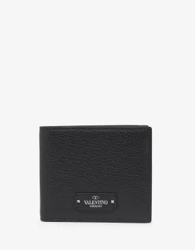 Black Grain Leather Billfold Wallet with Tonal Logo -