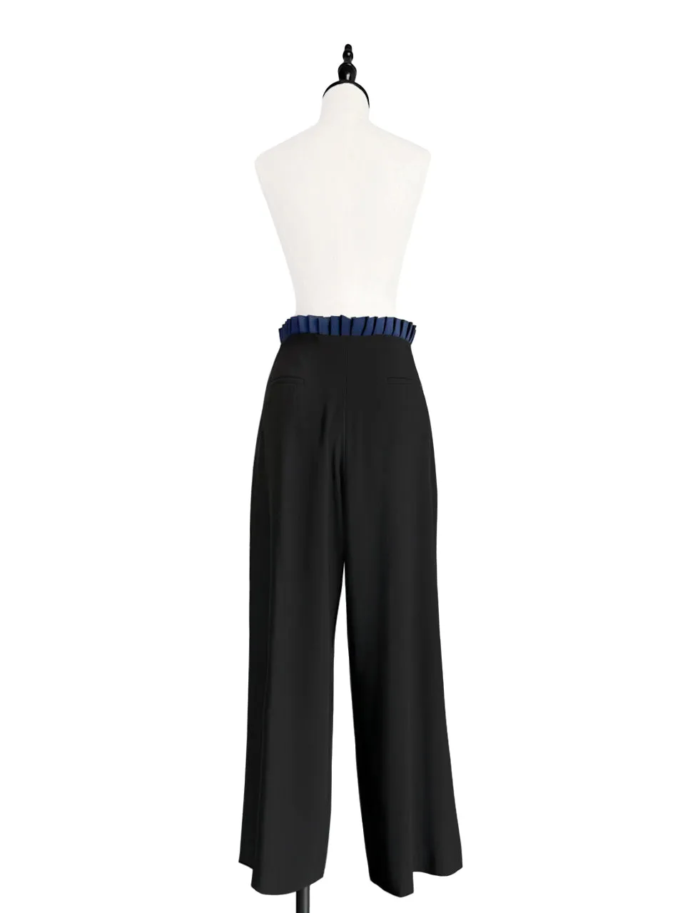 Black/ Navy Contrast Pleated Waist Airy Wide Leg Trousers