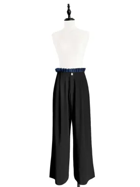 Black/ Navy Contrast Pleated Waist Airy Wide Leg Trousers