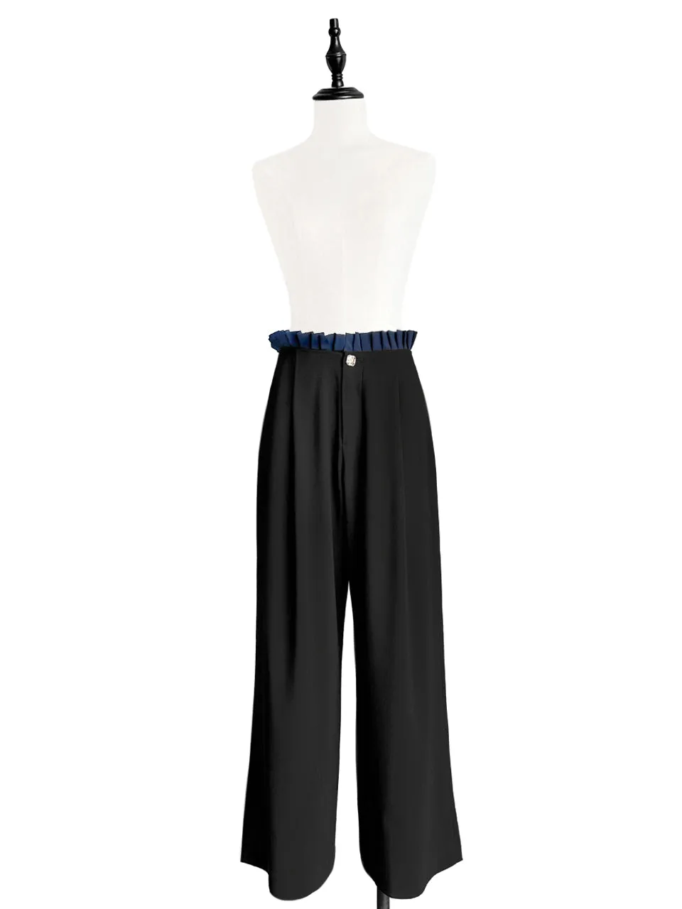 Black/ Navy Contrast Pleated Waist Airy Wide Leg Trousers