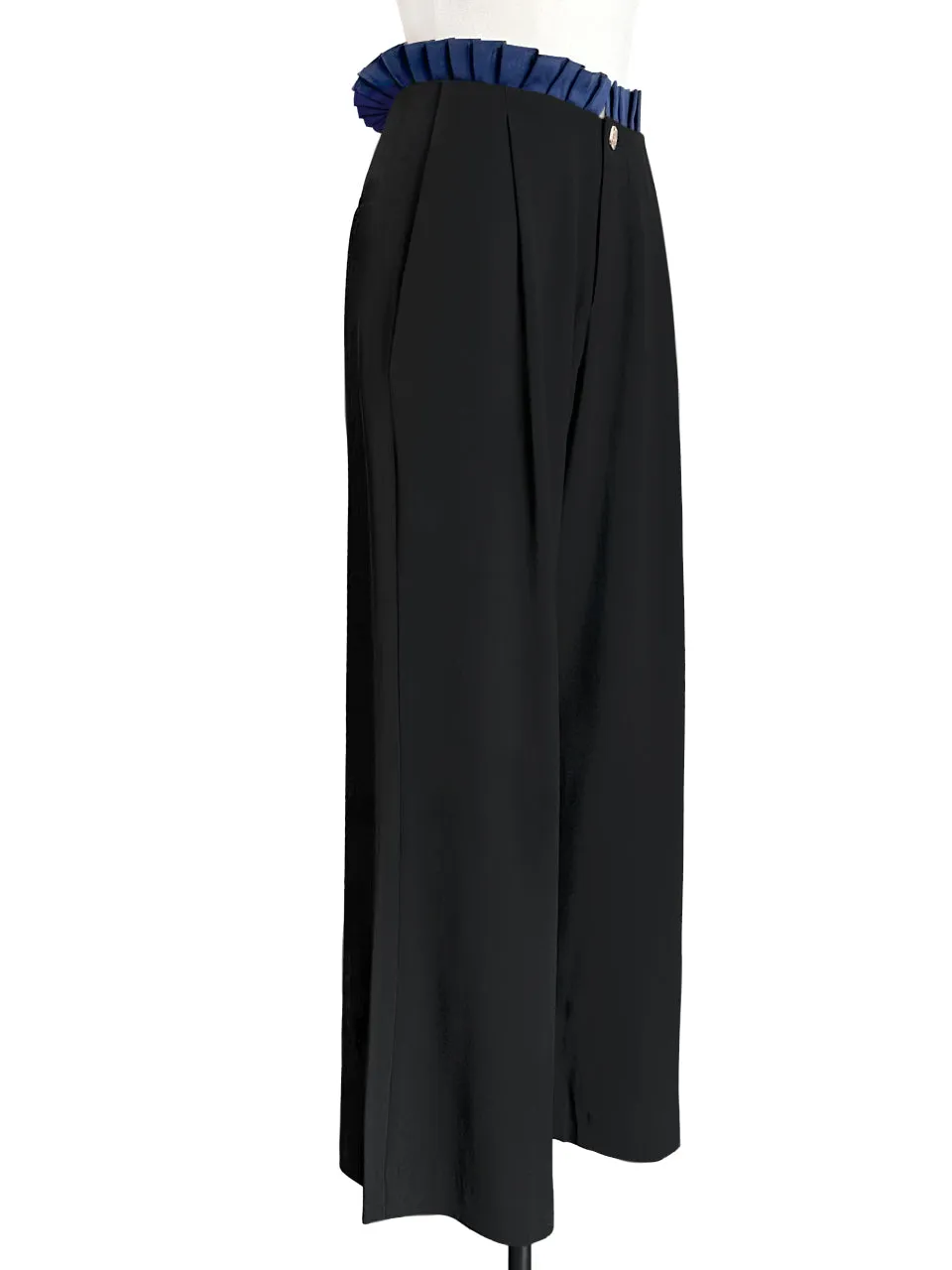 Black/ Navy Contrast Pleated Waist Airy Wide Leg Trousers