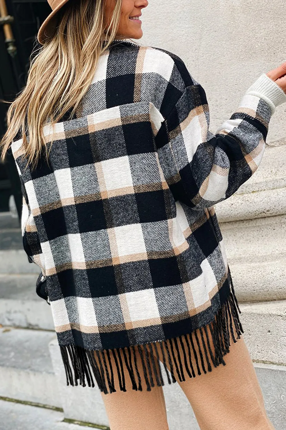 Black Plaid Snap Button Pocket Fringed Hem Shacket