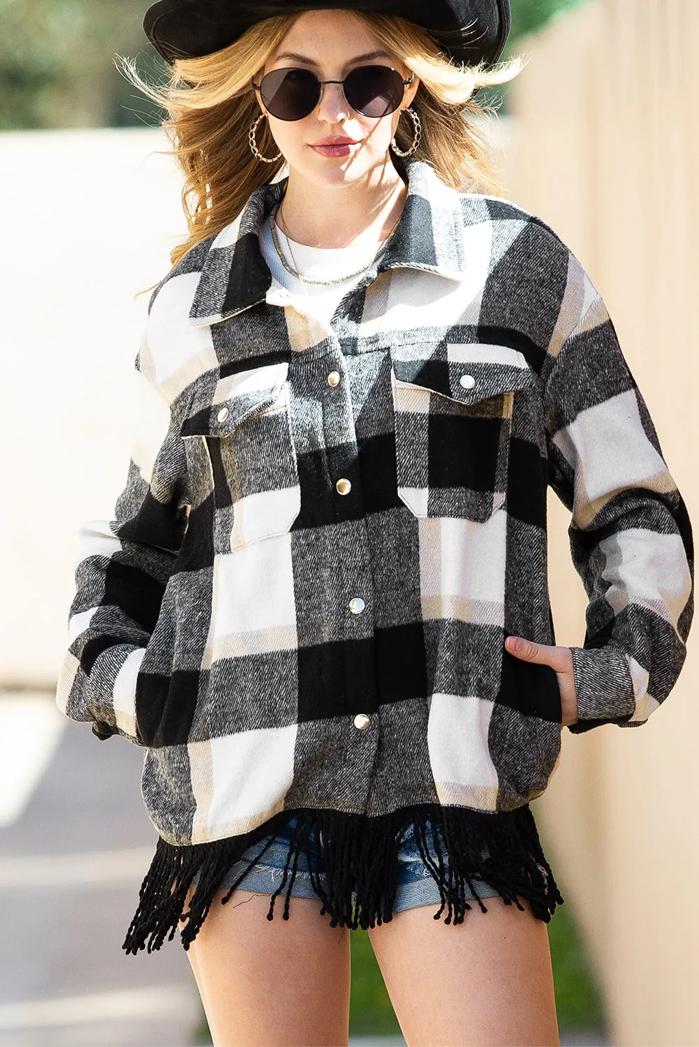 Black Plaid Snap Button Pocket Fringed Hem Shacket