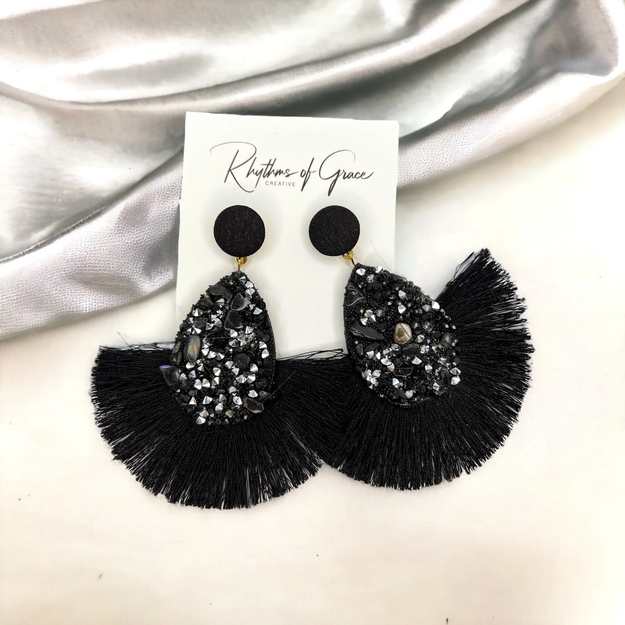 Black Tassel Earrings - Black Rhinestones, hinestone Accessories, Black Earrings, Black and Silver Earrings