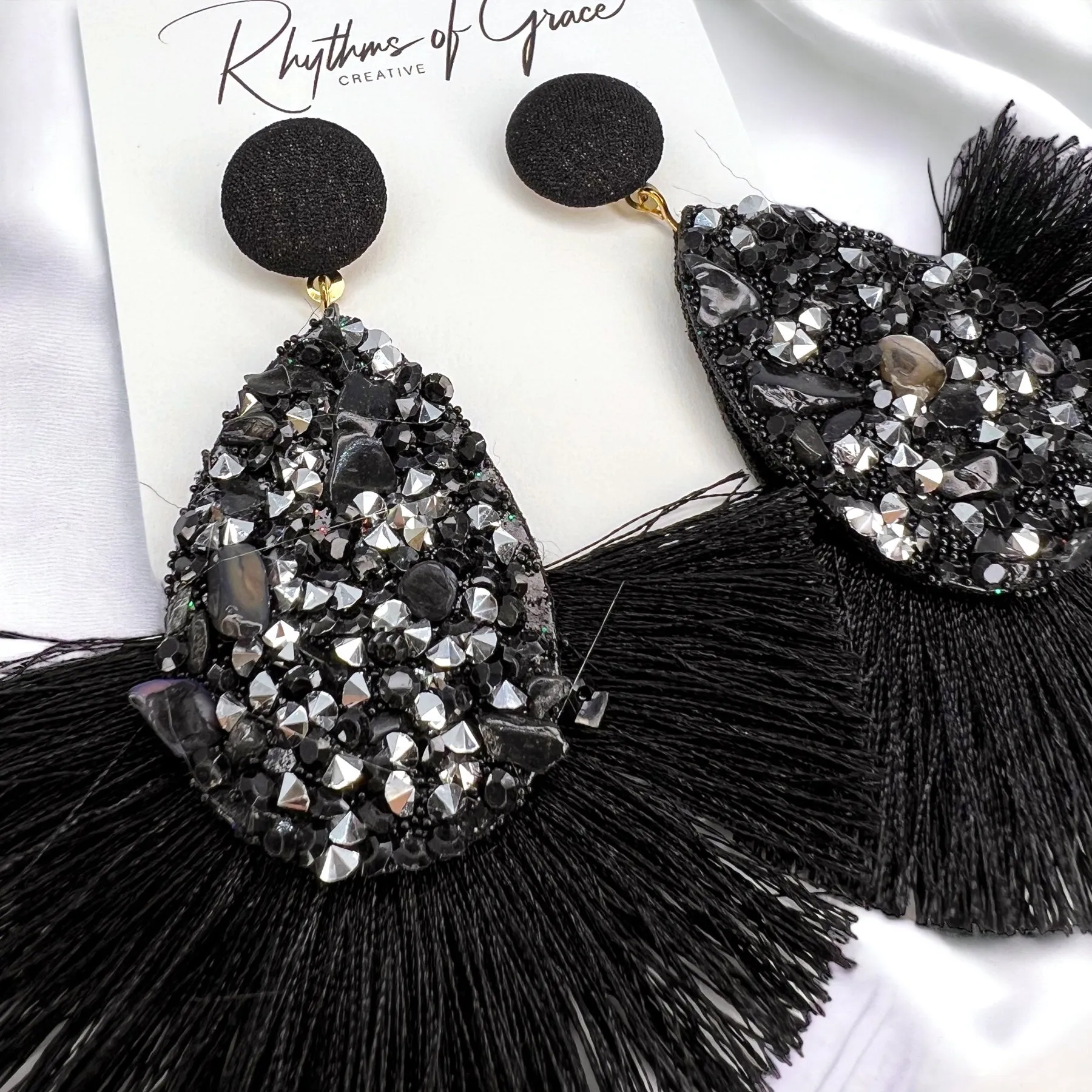 Black Tassel Earrings - Black Rhinestones, hinestone Accessories, Black Earrings, Black and Silver Earrings