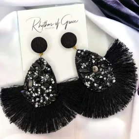 Black Tassel Earrings - Black Rhinestones, hinestone Accessories, Black Earrings, Black and Silver Earrings