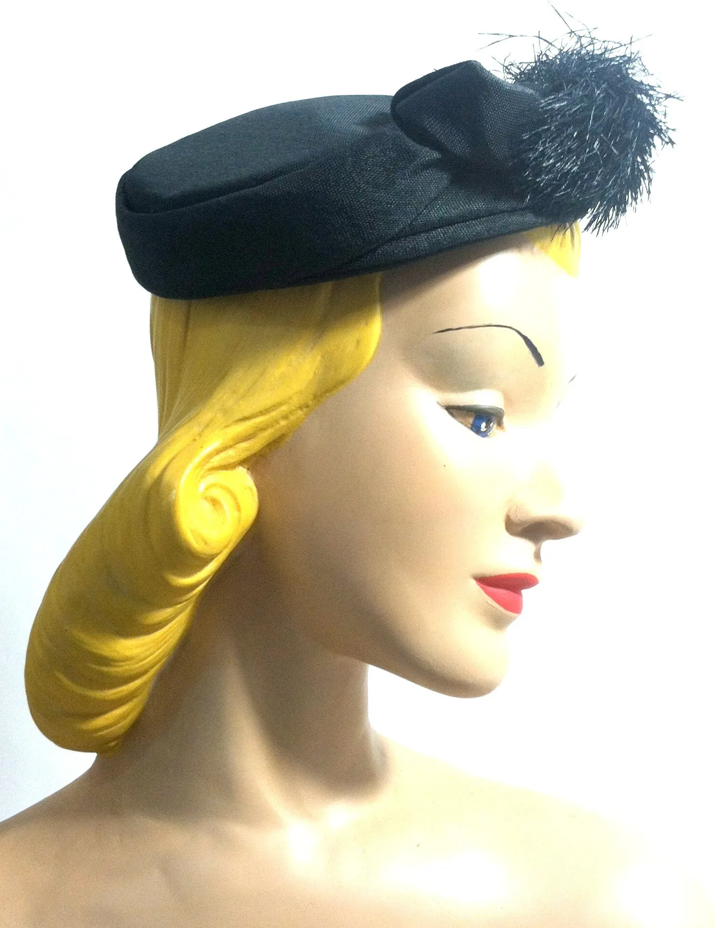 Black Whirled Mini Pillbox Hat with Fringed Accent circa 1960s Nina Neal