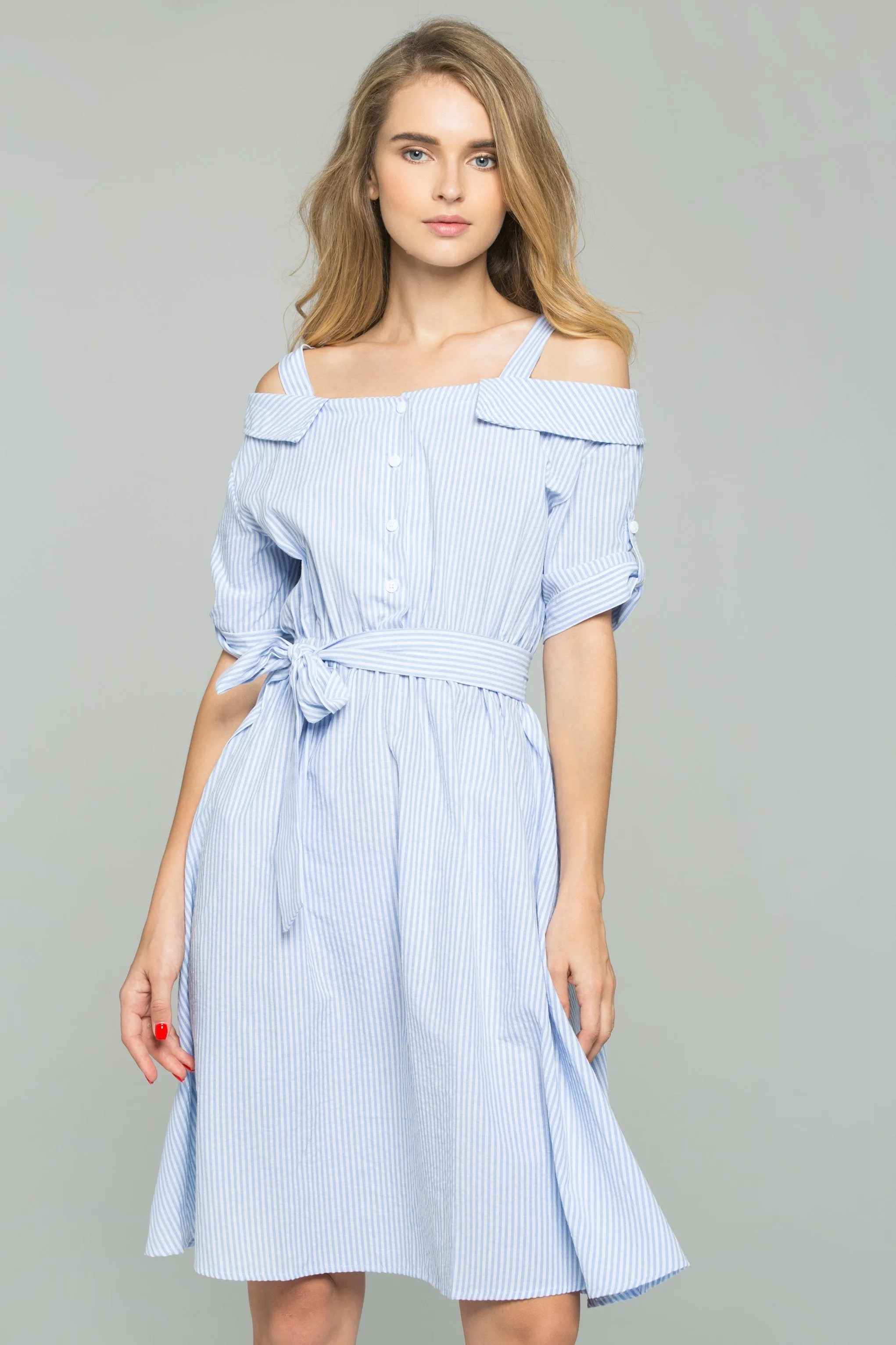 Blue and White Striped Ribbon Strap Cold-Shoulder Collared Shirt Dress