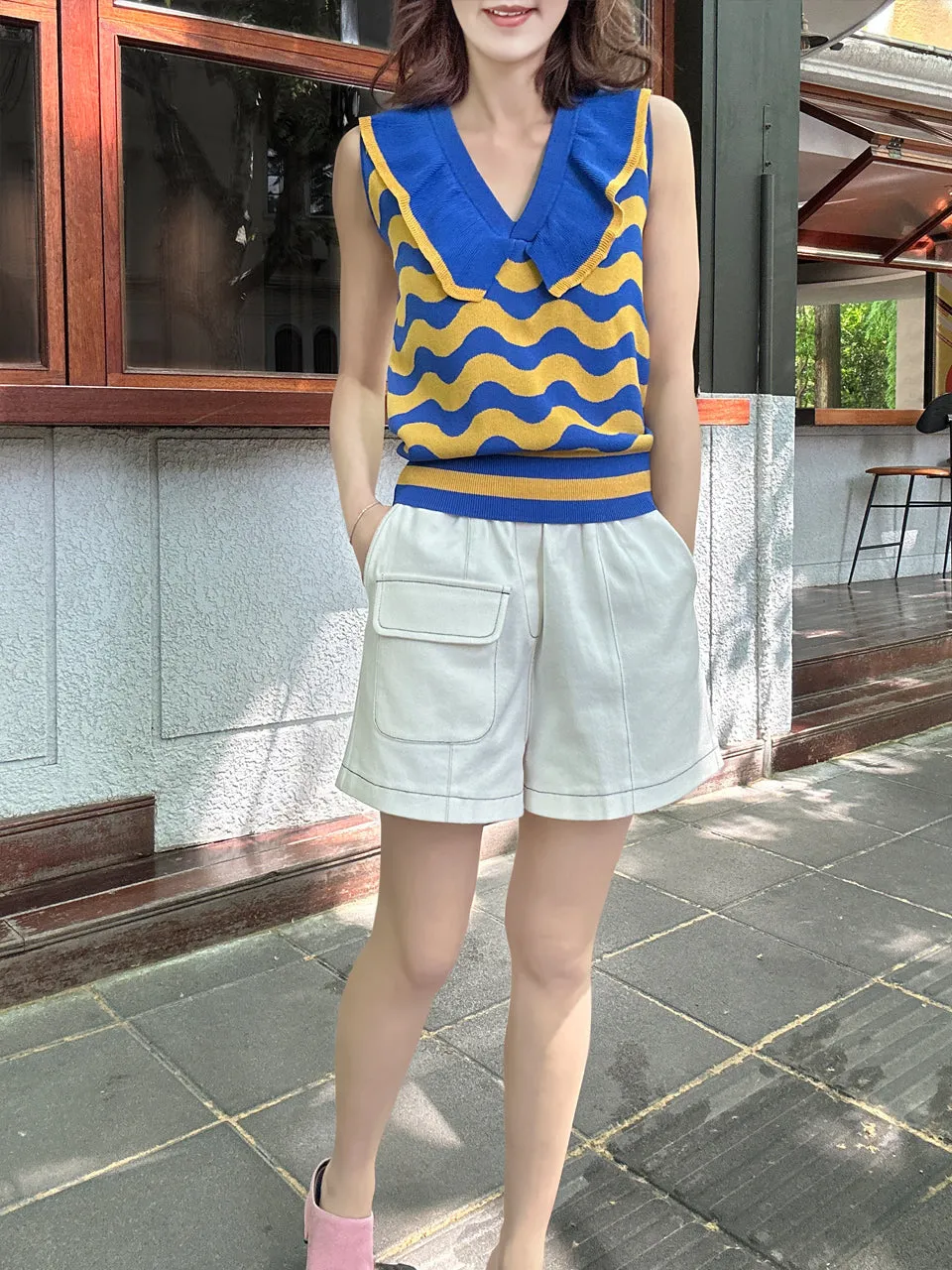 Blue/ Yellow Contrast Wavey Ruffle Collar Summer Knit Top