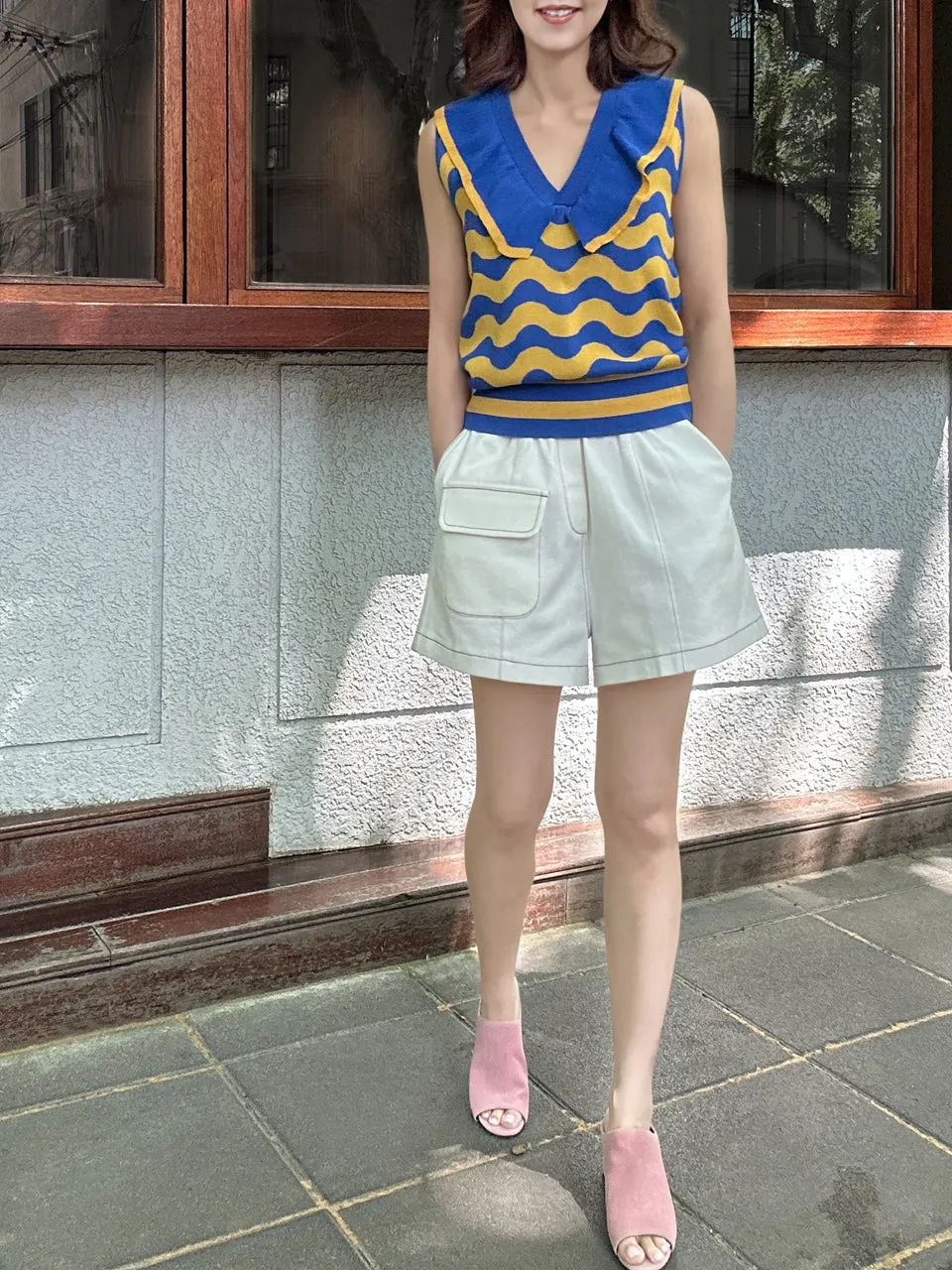 Blue/ Yellow Contrast Wavey Ruffle Collar Summer Knit Top