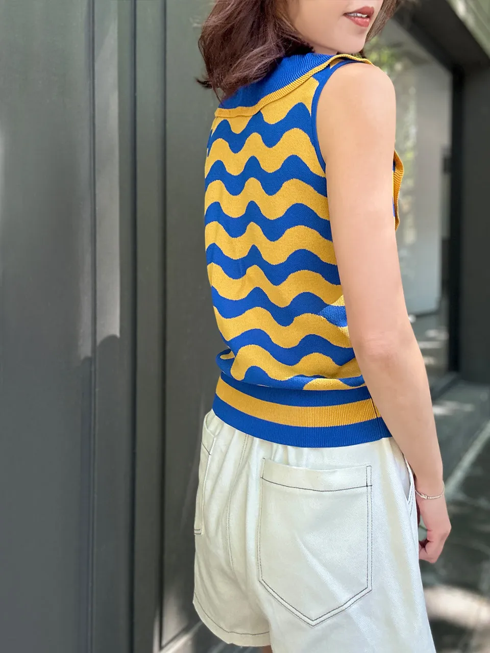 Blue/ Yellow Contrast Wavey Ruffle Collar Summer Knit Top