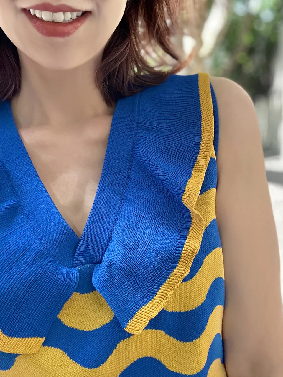 Blue/ Yellow Contrast Wavey Ruffle Collar Summer Knit Top