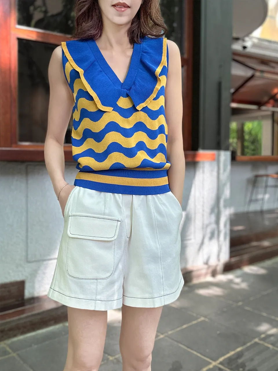 Blue/ Yellow Contrast Wavey Ruffle Collar Summer Knit Top