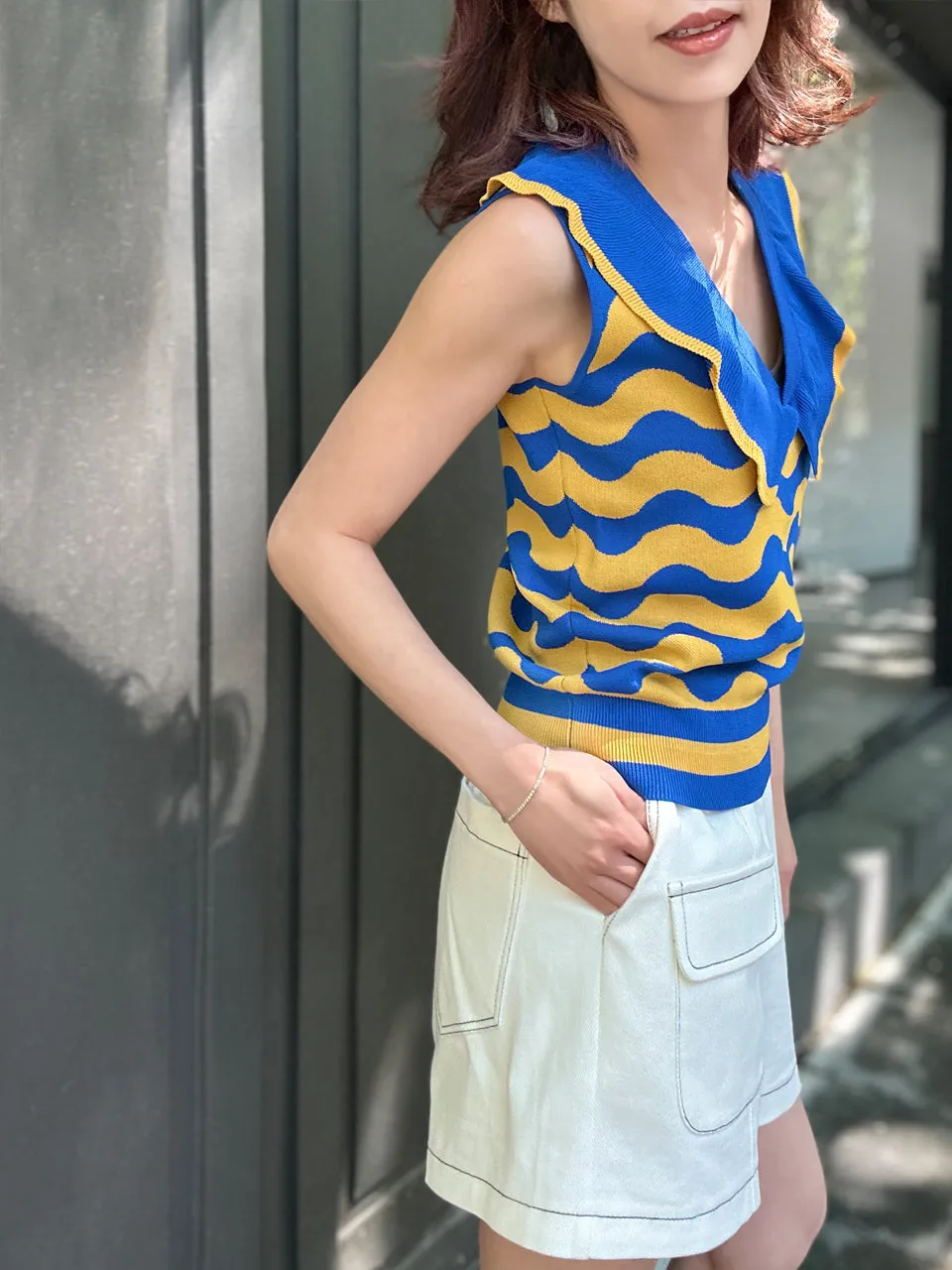 Blue/ Yellow Contrast Wavey Ruffle Collar Summer Knit Top