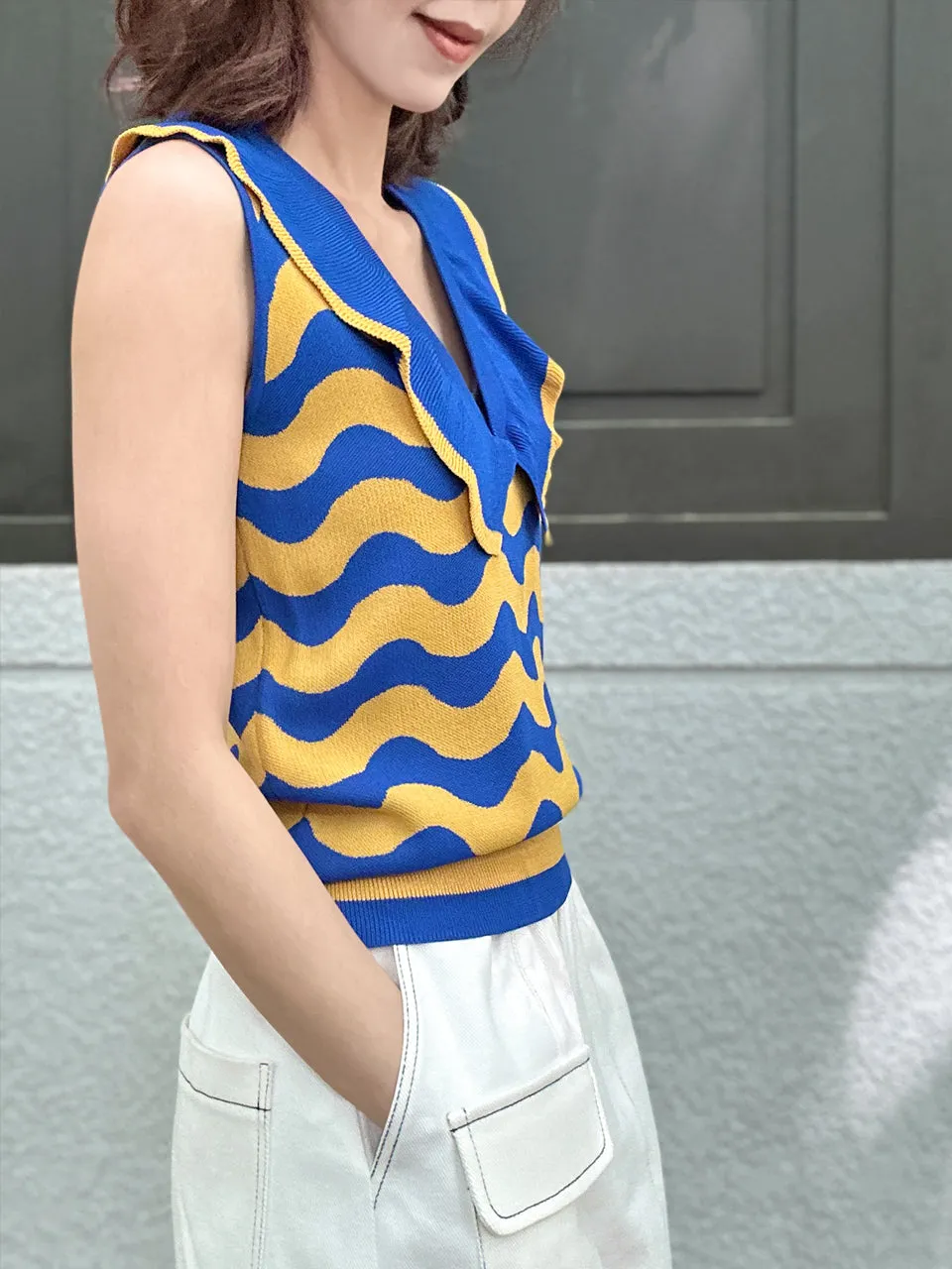 Blue/ Yellow Contrast Wavey Ruffle Collar Summer Knit Top