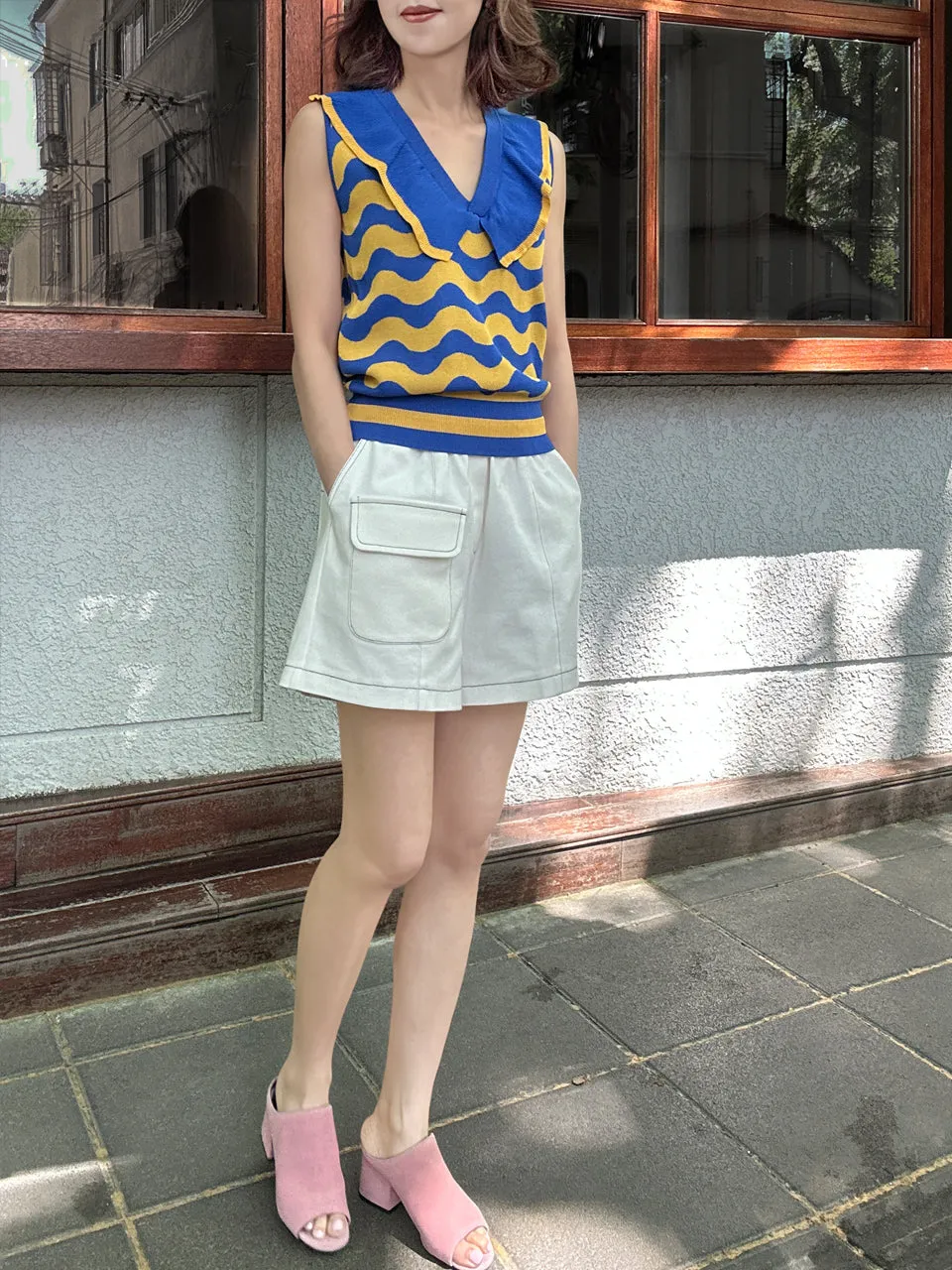 Blue/ Yellow Contrast Wavey Ruffle Collar Summer Knit Top