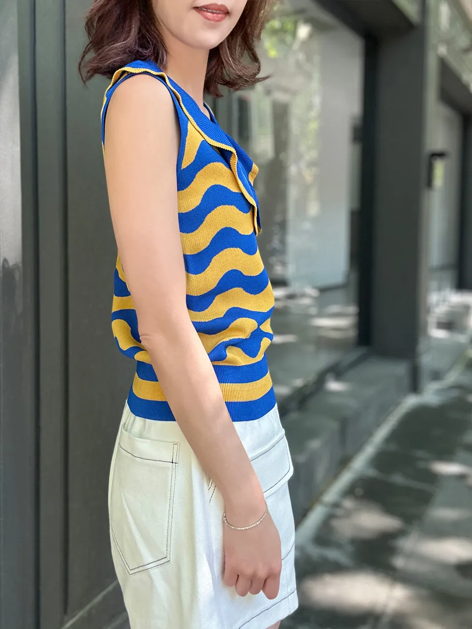 Blue/ Yellow Contrast Wavey Ruffle Collar Summer Knit Top