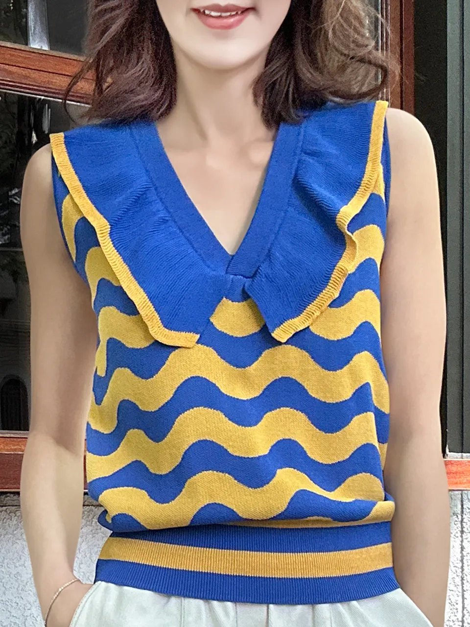 Blue/ Yellow Contrast Wavey Ruffle Collar Summer Knit Top